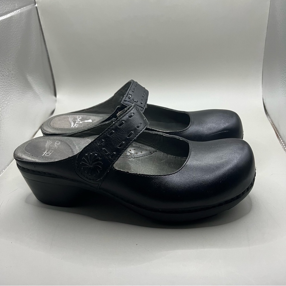 Dansko Solitaire Black Leather Mary Jane Heeled Clog Size 40
